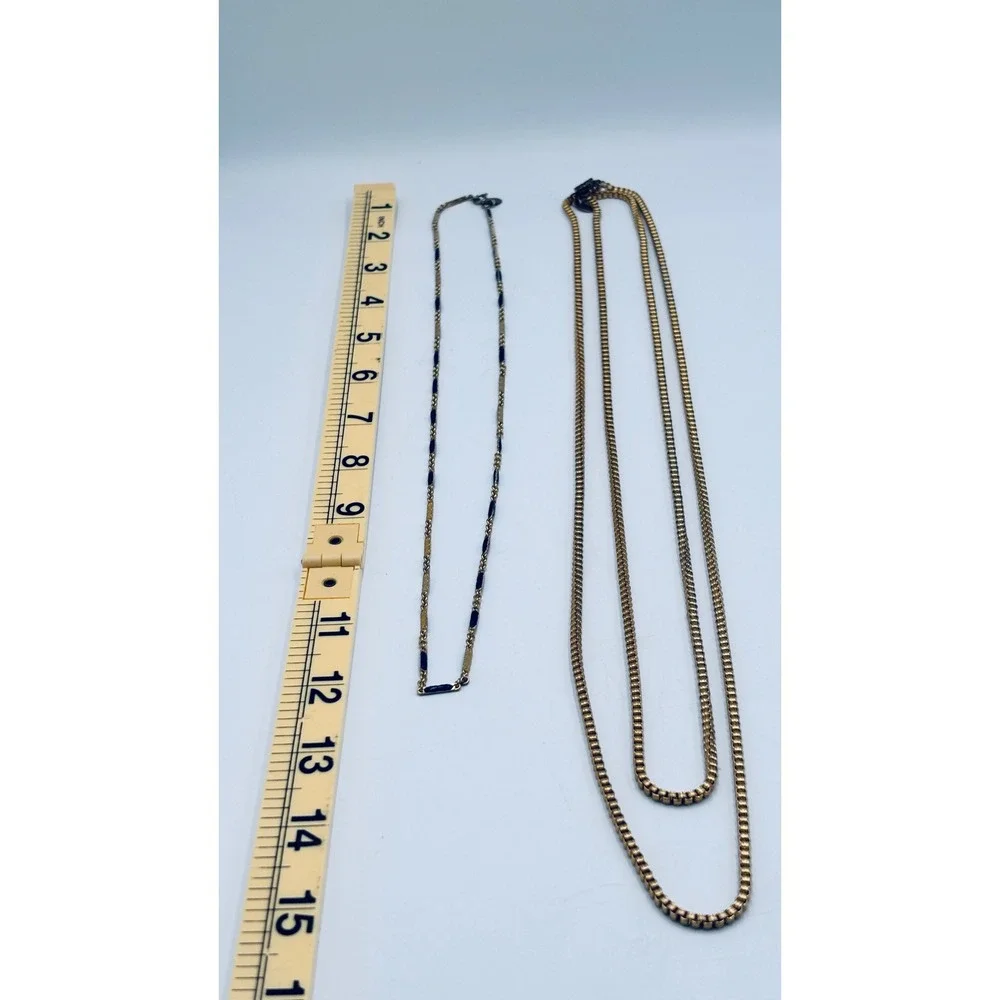 2 Les Bernard Inc Vintage Gold Tone Box Chain and Blue Enamel Necklace Set 2pc